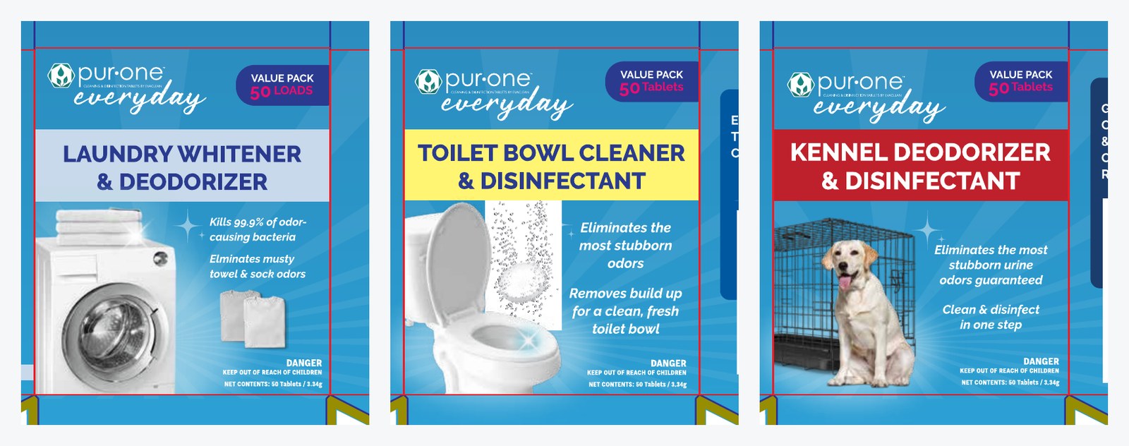 PurOne Everyday variant packaging — Laundry Whitener, Toilet Bowl Cleaner, and Kennel Deodorizer